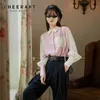 Różowy kolor Blok Latarnia Przycisk Rękawów Koszula Kobiety Long Bluzka Casual Ruched Top Fall Korean Moda Odzież 210427
