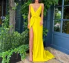 Einfaches Chiffon-langes Abendkleid 2021 Side Split V-Ausschnitt Gelb Robe De Soiree Prom Party Kleider Kleider für besondere Anlässe