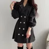 Nomikuma Elegant Mesh Patchwork Puff Sleeve Kvinnor Klänning Koreansk Notched Krage Dubbelbröst Klänningar Ny Vestidos 6F457 210427