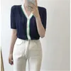 Verão coreano malha oco cardigans blusas mulheres de seda de gelo manga curta v-pescoço tops cor-bloqueado moda casual 210513