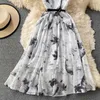 Summer Vintage Ink Print Big Swing Chiffon Party Abito lungo Moda donna Elegante Casual Bohemian Beach Abiti longuette Robe Femme 210514