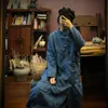 Johnature Blue Chinese stijl jurken vrouwen lente gewaden stand knop linnen lange mouw vintage vrouwen kleding zachte jurk 210521