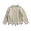 Infant Children Kids Knitted Sweater Autumn and Winter Baby Girls Boys Solid Color Distressed Long Sleeve V-neck Pullover Tops Y1024