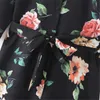 Women jumpsuit flower print black elegant rompers turn down collar long pants ladies overalls jumpsuits 210430