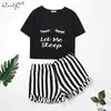 Summer Women Pajamas Set Cartoon Casual Sleepwear Eyelash Print Tshirt Women's Home Wear Pyjamas Suit Female Short Sleeve Top 210831