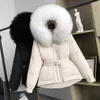 Janveny 90% White Duck Down Coat Winter Women Hooded Huge Raccoon Fur Thicken Female Feather Puffer Clothing Parkas 211221