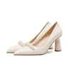 Meotina Talons Hauts Véritable Cuir Femmes Chaussures En Peau De Mouton Talon Carré Pompes Perle Bout Pointu Dames Chaussures Printemps Beige Taille 43 210608