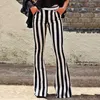 Women Loose Trousers Women's Elegant Black Vertical Striped High Waist Pocket Wide Leg Pants Women Bell Bottoms Flare Trousers 210706