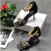 Goldketten Sommer Gladiatoren Damen Sandalen Schwarz Weiches Leder Knöchelriemen Damen Pumps Dünne High Heels Alias