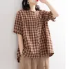 Summer Arts Style Women Short Sleeve Loose Blouse cotton linen vintage Plaid Shirts Plus Size O-neck Casual Tops M147 210512