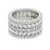 Iced Out White Cubic Cyrkonia Liść Pierścionek zaręczynowy dla kobiet Silver Plated Bling Full CZ Eternity Band