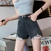 Lato Kobiety Streetwear Dziura Vintage Blue Denim Spodenki Dorywczo Kobieta Wysoka Talia Szeroka Noga Czarne Dżinsy 210430