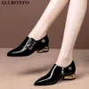 Allbitefo Storlek 34-42 Golden Heel Cross Bundet Design Naturliga Äkta Läder Kvinnor Heels Skor Fashion High Heels Low Heel Shoes 210611