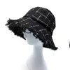 Women Plaid Tweed Bucket Hat With Gold And Silver Lurex Ladies Girls Black Checks Hats Raw Edges Female Warm Winter Wide Brim1688026