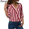 Women Striped Blouse V-neck Long Sleeve Blouses Shirts Casual Tops Work Wear Chiffon Shirt Plus Size Blusas Mujer De Moda 210603