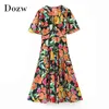 Vintage A-Linie bedrucktes Kleid Frauen Kurzarm Mode Bunte Sommer Damen V-Ausschnitt Casual Midi es Vestidos 210515