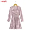 Tangada Autumn Fashion Women Purple Flowers Print Cake Dress Long Sleeve Vintage Ladies Mini Dress 1F223 210609