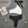 Kvinnors badkläder Yitimuceng Ribbed Bow Jump Suits For Women Sexig lapptäcke Swimsuit Beach Bikini One Shoulder Bathing Bodysuit 2021 Summer