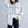 Printemps Été Corée Mode Femmes 3/4 Manches Lâche Chemises Blanches Double Poche Blouse Casual Femme Tops Plus Taille V242 210512