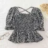 Little Daisy Summer Short Sleeve Puff Sleeve Square Neck Chiffon Shirt Women's Short 210507