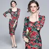 Summer Autumn Midi Long Floral Print Wrap Dress Bodycon Pencil Pleated Clothes Women Ruched Sleeve Pomegranate Robe Casual Dresses