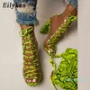 Şeffaf Yeşil Serpantin Ayak Bileği Kayışı Çizmeler Sandalet Peep Toe Ayakkabı Tıknaz Topuklu Sandalet Mujer Kadın Çizmeler