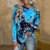 Tie-Dye-bedrucktes schulterfreies T-Shirt mit langen Ärmeln, sexy, lässig, locker für Damen, Oberteil mit schrägem Kragen, Frühling und Sommer, S-2XL 210623