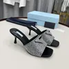 Black Crystal Satin Slides With Crystals Woman Mules Slippers 6cm heeled Crystals Sandals Flat Rubber Sole Slide Casual Fashion Party Lady size 35-42