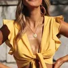 Women Ruffles Sleeveless Bow Tie Sexy T-shirt V-Neck Solid Female Crop T-shirts Fashion Ladies Slim Tube Tops 210514