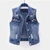 5xl Plus Size SleeSeLes Vest Summer Denim Waistcoat Fashion Casual Short Jeans Jacka Beaded Holes Slim Coat 210909