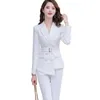 Asymmetric Size S-5XL Women Pant Suit With Belt Red White Black Two Pieces Set Triple Breasted Blazer For Winter 210930