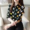 韓国の緩い女性のブラウスPolka Dotプリントシャツのシンプルなソフトシフォン長袖のサスペンダーのサスペンダー7187 210508