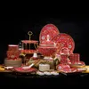 JINGDEZHEN Set di stoviglie originali Bone China Doratura Red Riches Honor Classica Imperial Place Style 86 pezzi Stoviglie Piatti Piatti Pentola da minestra Set di ciotole per regalo