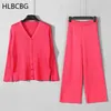HLBCBG 2 Pcs Knitted Women Sets Oversized Long Straight Pant suits Oversized Ribbed Cardigan Sweater Wide Leg Pant Tracksuits 211116