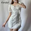 흰색 레이스 여름 드레스 여성 빈티지 퍼프 슬리브 비치 Bodycon 미니 버튼 짧은 면화 210427