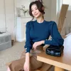 Korean O-Neck Women Sweater Long Puff Sleeve Pullover Spring Casual Blue Jumper Elasticity Sweaters 210529