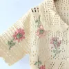 Sweet Flower Embroidery Cardigan Trui Vrouwen Korte Mouw Enkele Breasted Dames Hol Vintage Coat Knit Crop Top 210514
