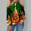 Dames T-shirt Kerstmis Vrouw Party T-shirt Lange Mouw Uit Schouder Rode Tops Boom Print Mode Casual Herfst Winter Dames Kleding