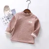 Children's Striped T-shirt Single Girl's Half High Collar Boys' Bottoming Shirt Plush Thickened Long Sleeve T-shirt High Collar Top