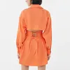 Women Summer Solid Sheath Mini Dress Long Sleeve V-Neck Back Bandage Bow Tie Female Elegant Street Shirts Dresses Vestidos 210513