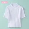 Bu yazın chinc backless seksi kravat örgü t-shirt kadın düz renk yarım - yakalı kısa kollu trim mahsul top 210507