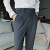 Design Men High midjebyxor Solid England Business Casual Suit Pants Belt rak Slim Fit Bottoms White Clothing 211013