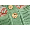 Frankrike Green Jacquard Flower Slim V Neck Cardigans Kvinnor Sweater Retro Knappar Långärmad Stickning Toppar Vintage 210429