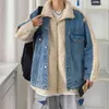 Men's Stand Collar Fluff Denim Jacket Two-piece Coats Keep Warm Cotton-padded Clothes Blue Parkas Loose Fashion Trench 210524