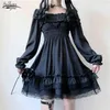 Japoński Lolita Style Princess Black Mini Sukienka Sukienka Puff Rękaw Koronki Ruffles Party Es Slash Neck High Waist Gothic 12991 210521