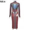 Kliou estetiskt tryck Maxi Dress Women 2021 Spring Mock Neck Långärmad Bodycon kjol Kvinna Skinny Kläder Y2K Streetwear Y1204