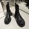 Bottines pour femmes fond épais bout rond bottes en cuir véritable noir blanc all-match Botas Feminina chaussures à plateforme 210911