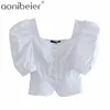 Vit Blå Sommar Slim Kvinnor Blusar Fashion Puff Sleeve Button Front Sweetheart Crop Tops Kvinna Casual Short Shirts 210604