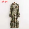 Tangada Fashion Women Green Leaf Print Shirt Dress Long Sleeve Office Ladies Midi Dress with Slash 1D204 210609