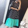 Koreansk sommar elegant semester stil liten färsk o-nacke polka dot kontrast stygn lös puff ärm klänning kvinnor 16w828 210510